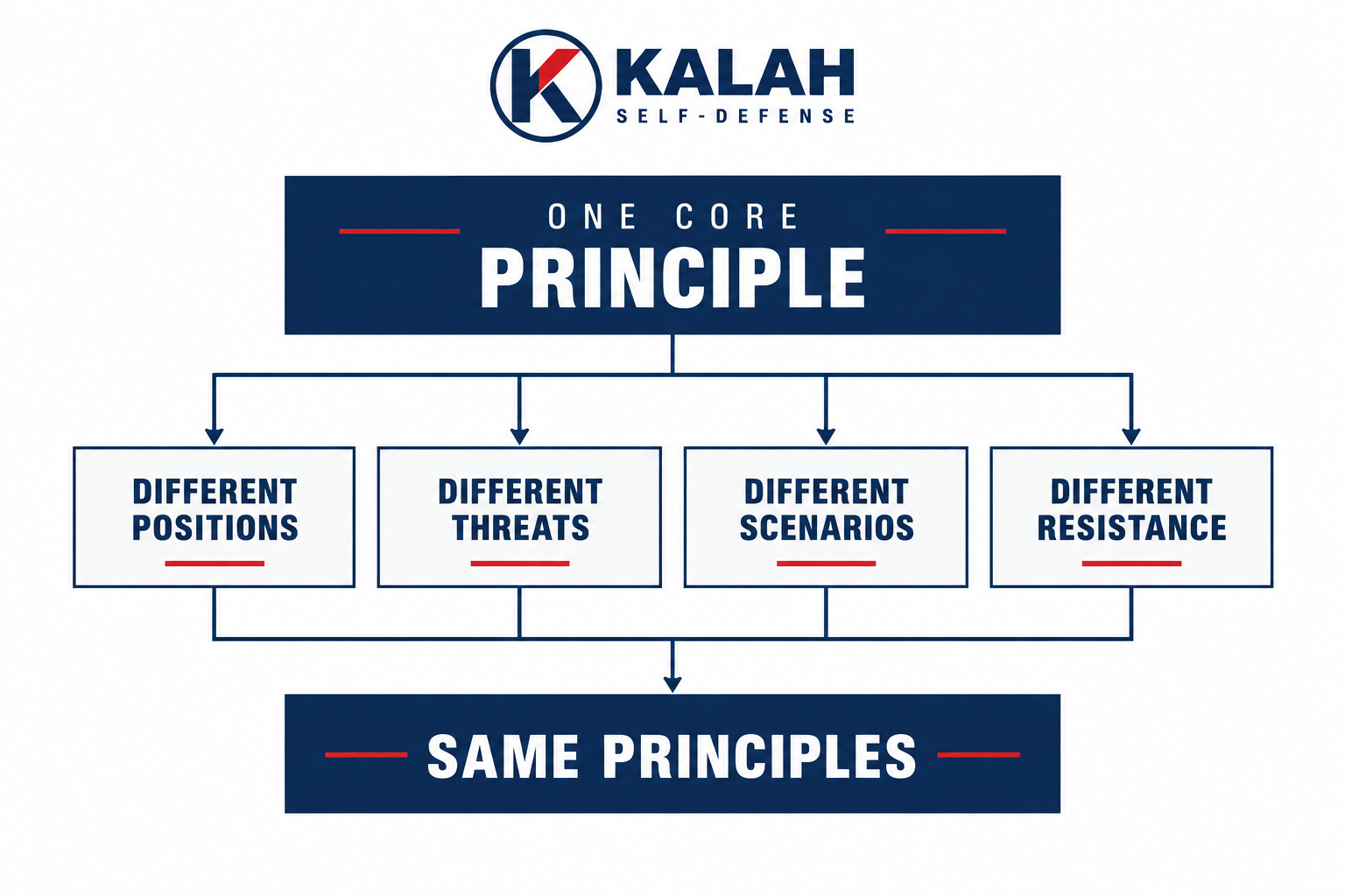 One core principle branching to different positions, threats, scenarios, and resistance, then converging to the same principles